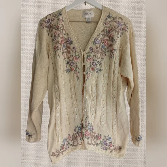 Jenny Grandmother Floral Embroidered & beaded Colorful button Up Sweater Large - Picture 1 of 12